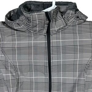 Free‎ Country Women's Medium Plaid Hooded Jacket Coat Full Zip Gray White Fleece